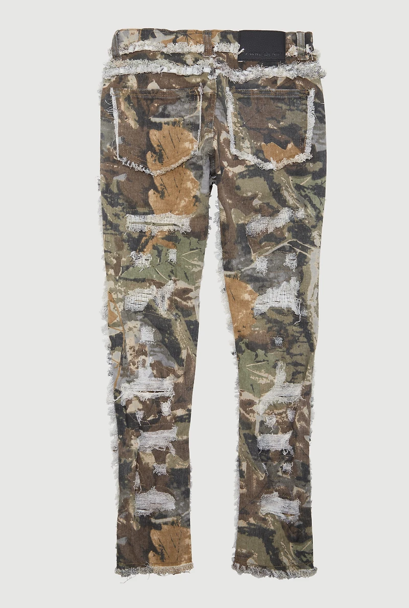 Boys Camo Frayed Patch and Repair Skinny Jeans, Green,