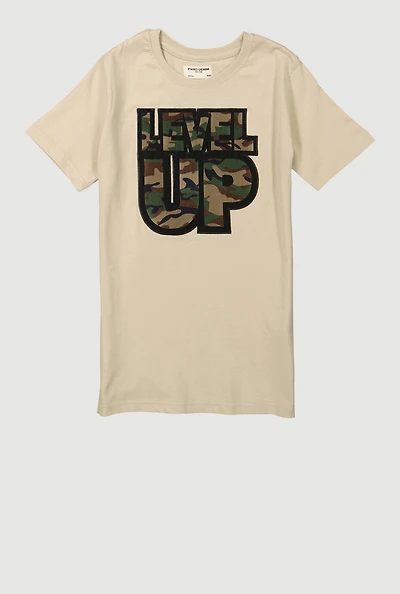 Boys Level Up Camouflage Graphic Patch Crew Neck T-Shirt, Beige, Size 18-20