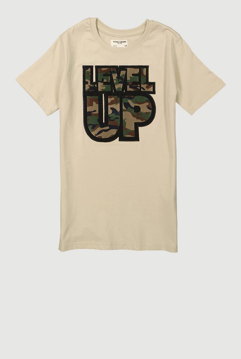 Boys Level Up Camouflage Graphic Patch Crew Neck T-Shirt, Beige,