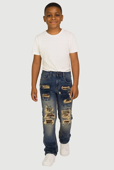 Boys Frayed Camo Patch and Repair Jeans, Blue, Size 12
