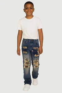 Boys Frayed Camo Patch and Repair Jeans, Blue, Size 12