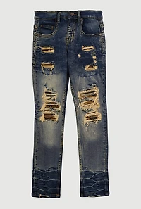 Boys Frayed Camo Patch and Repair Jeans, Blue, Size 12