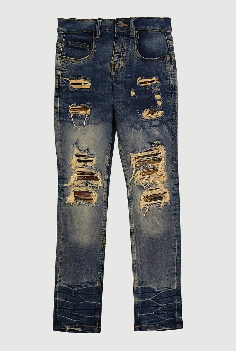 Boys Frayed Camo Patch and Repair Jeans, Blue, Size 20