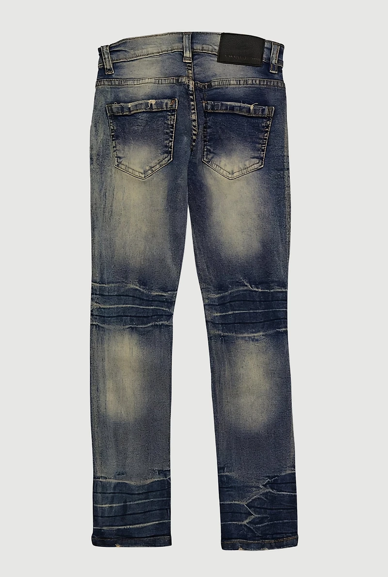 Boys Frayed Camo Patch and Repair Jeans, Blue, Size 20