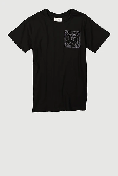 Boys Rhinestone Saint Crew Neck T-Shirt, Black, Size 14-16