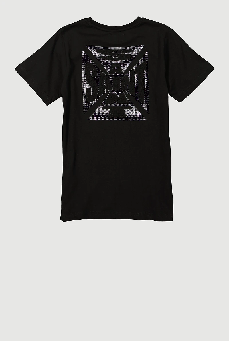 Boys Rhinestone Saint Crew Neck T-Shirt, Black, Size 14-16