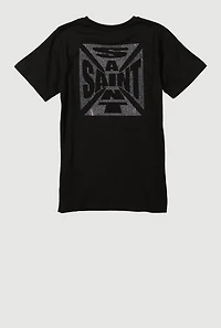 Boys Rhinestone Saint Crew Neck T-Shirt, Black, Size 14-16