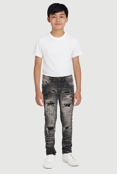Boys Distressed Rhinestone Studded Patch and Repair Jeans