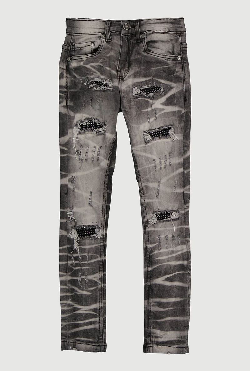 Boys Distressed Rhinestone Studded Patch and Repair Jeans, Grey, Size 16