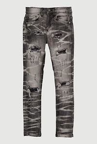 Boys Distressed Rhinestone Studded Patch and Repair Jeans, Grey, Size 10