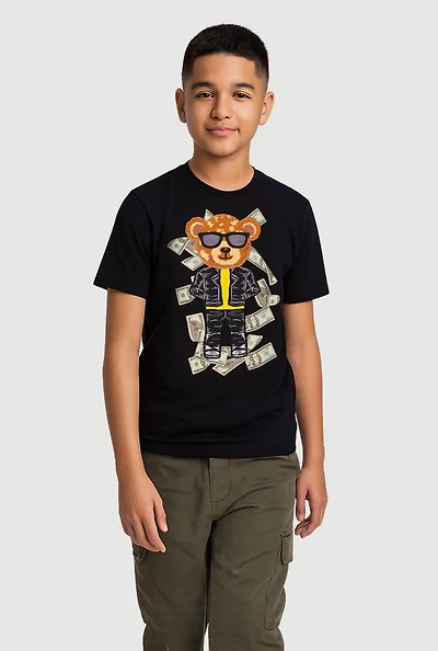 Boys Money Teddy Embroidered Graphic Tee, Black, Size 14-16