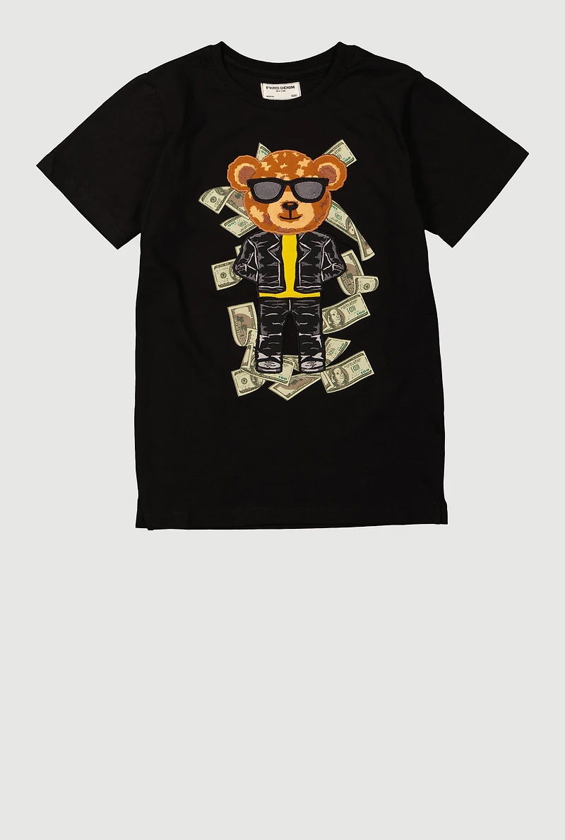 Boys Money Teddy Embroidered Graphic Tee, Black, Size 14-16