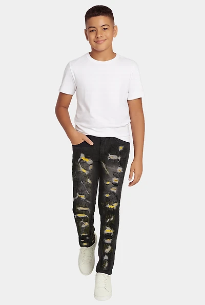 Boys Distressed Patch and Repair Skinny Jeans, Black, Size 14