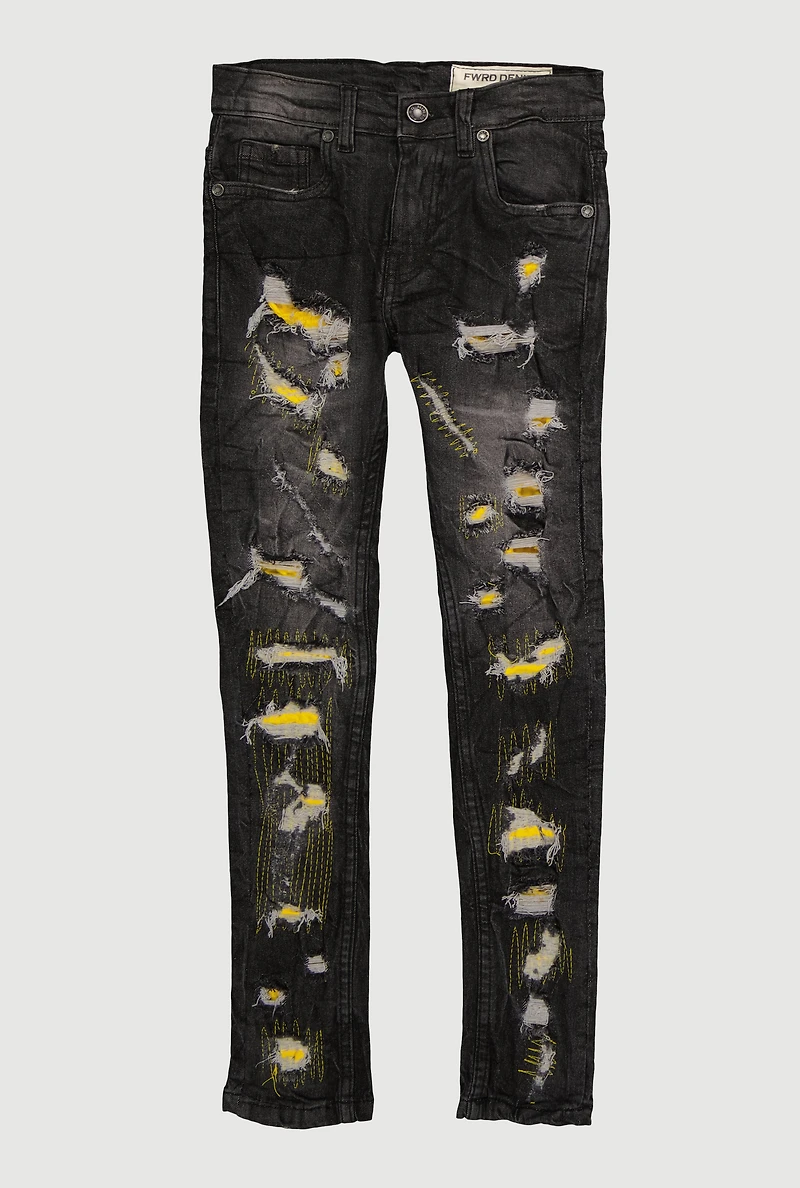 Boys Distressed Patch and Repair Skinny Jeans, Black, Size 14