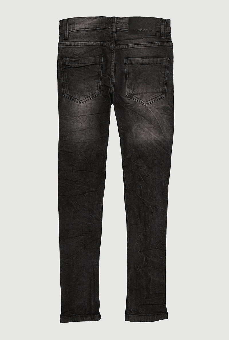 Boys Distressed Patch and Repair Skinny Jeans, Black,