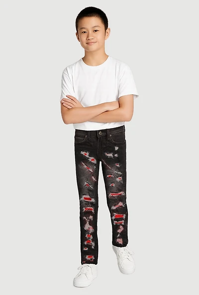 Boys Acid Wash Patch and Repair Distressed Skinny Jeans, Black, Size 14