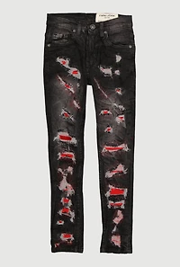 Boys Acid Wash Patch and Repair Distressed Skinny Jeans, Black, Size 14