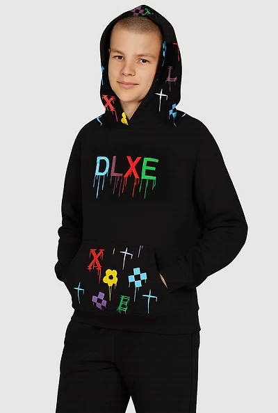 Boys DLXE Drip Pattern Graphic Pullover Hoodie, Black,