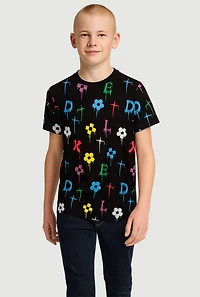Boys Drip Graphic Patterned Short Sleeve Tee, Black,