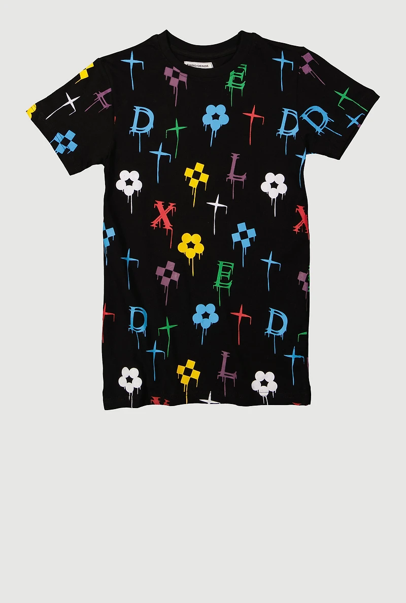 Boys Drip Graphic Patterned Short Sleeve Tee, Black,
