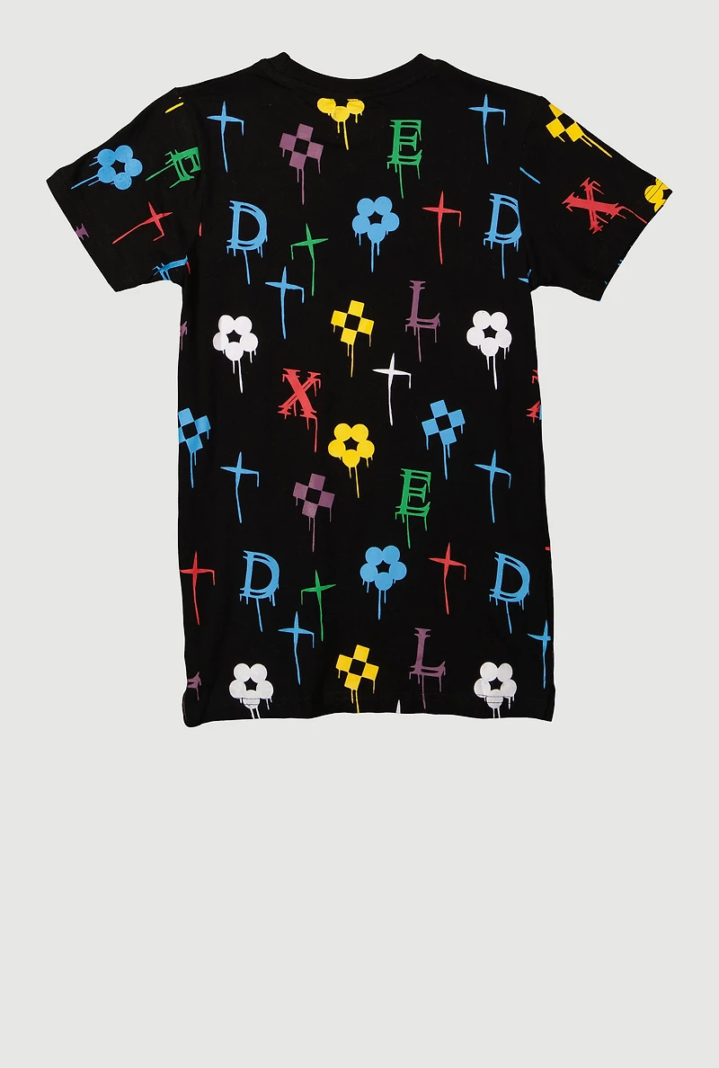 Boys Drip Graphic Patterned Short Sleeve Tee, Black, Size S