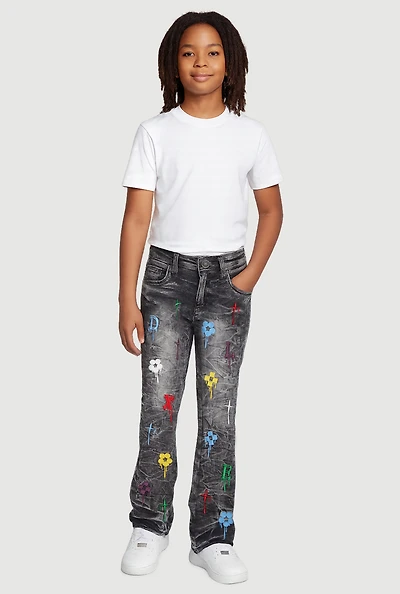 Boys Embroidered Drip Pattern Slim Bootcut Jeans, Black, Size 14
