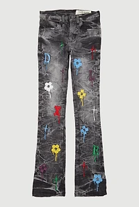 Boys Embroidered Drip Pattern Slim Bootcut Jeans, Black, Size 16