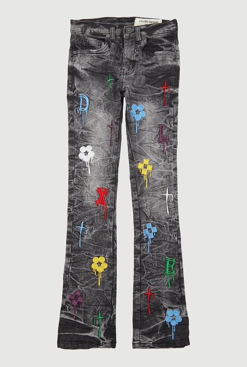 Boys Embroidered Drip Pattern Slim Bootcut Jeans, Black, Size 16