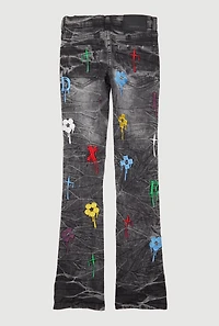 Boys Embroidered Drip Pattern Slim Bootcut Jeans, Black, Size 14