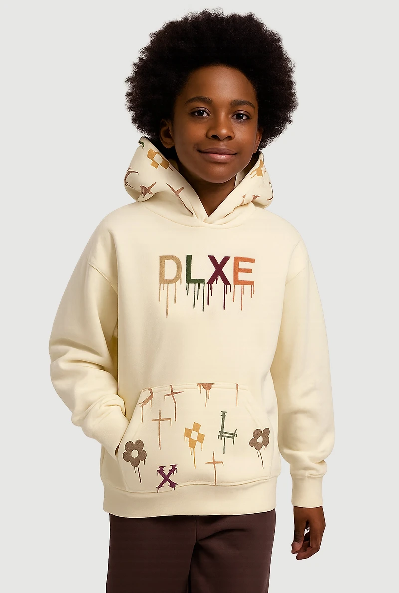 Boys DLXE Drip Embroidered Patterned Graphic Hoodie, Beige, Size 8