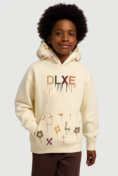 Boys DLXE Drip Embroidered Patterned Graphic Hoodie, Beige, Size 8