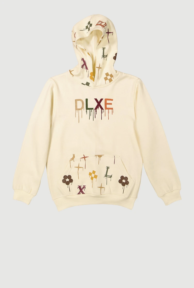 Boys DLXE Drip Embroidered Patterned Graphic Hoodie, Beige, Size 8