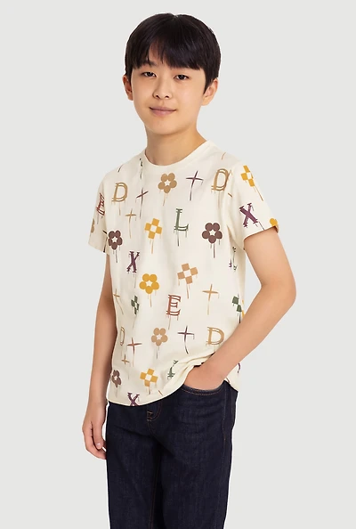 Boys Drip Graphic Print Short Sleeve Tee, Beige, Size 18-20