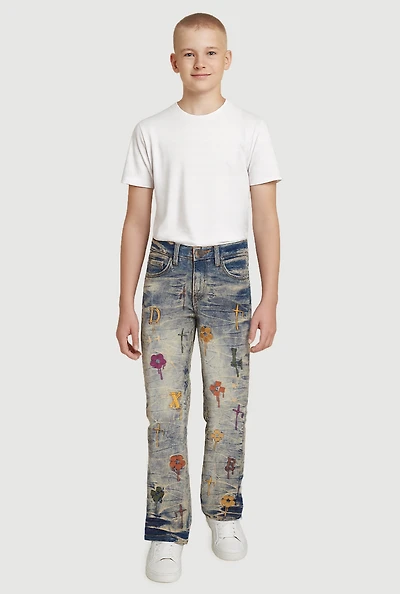 Boys Embroidered Drip Pattern Acid Wash Jeans, Blue,