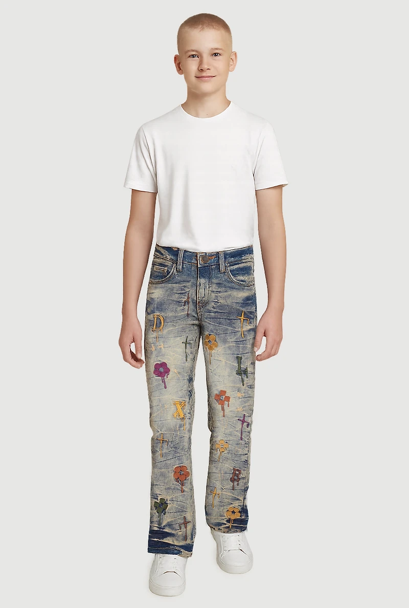 Boys Embroidered Drip Pattern Acid Wash Jeans, Blue,