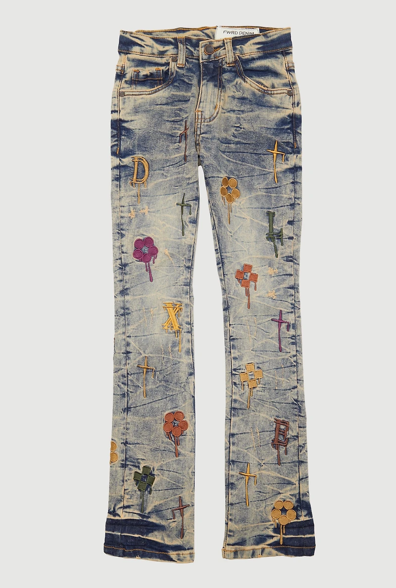 Boys Embroidered Drip Pattern Acid Wash Jeans, Blue, Size 10