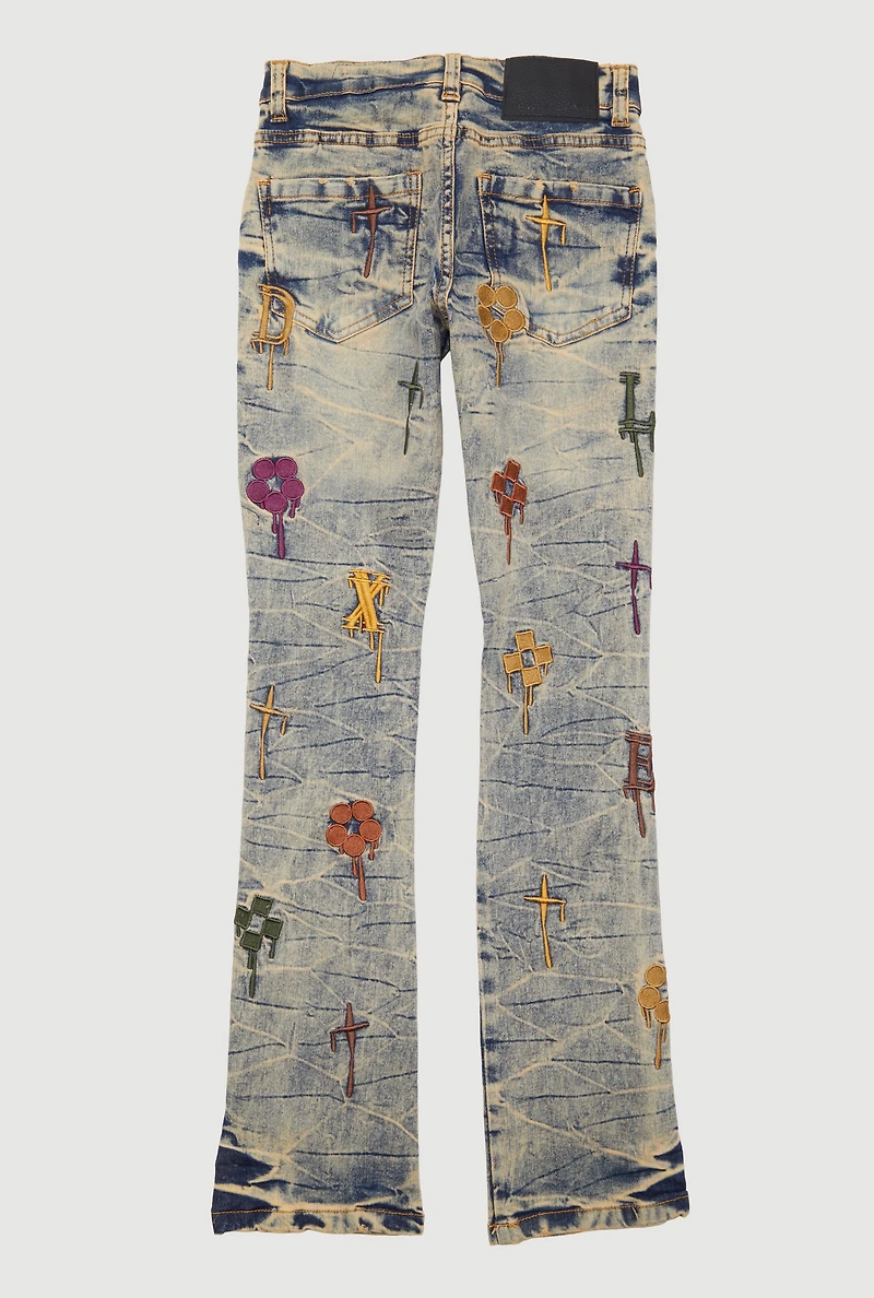 Boys Embroidered Drip Pattern Acid Wash Jeans, Blue, Size 12