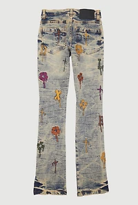 Boys Embroidered Drip Pattern Acid Wash Jeans, Blue,