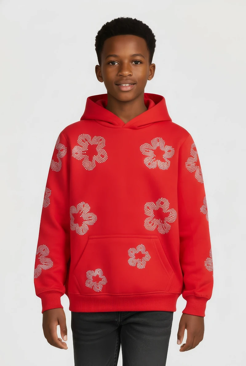 Boys Hooded Rhinestone Floral Sweatshirt, Red, Size 10-12