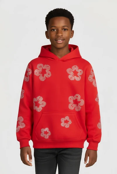 Boys Hooded Rhinestone Floral Sweatshirt, Red, Size 10-12