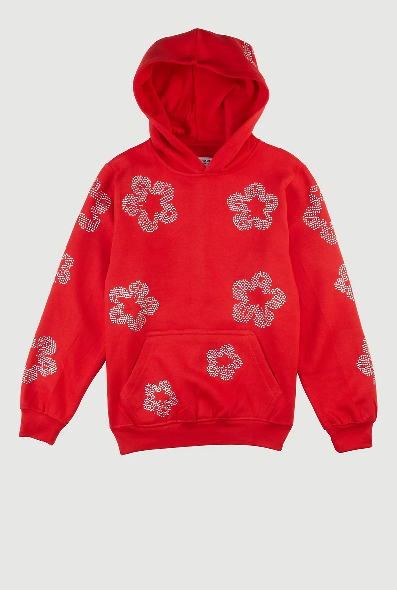 Boys Hooded Rhinestone Floral Sweatshirt, Red, Size 10-12