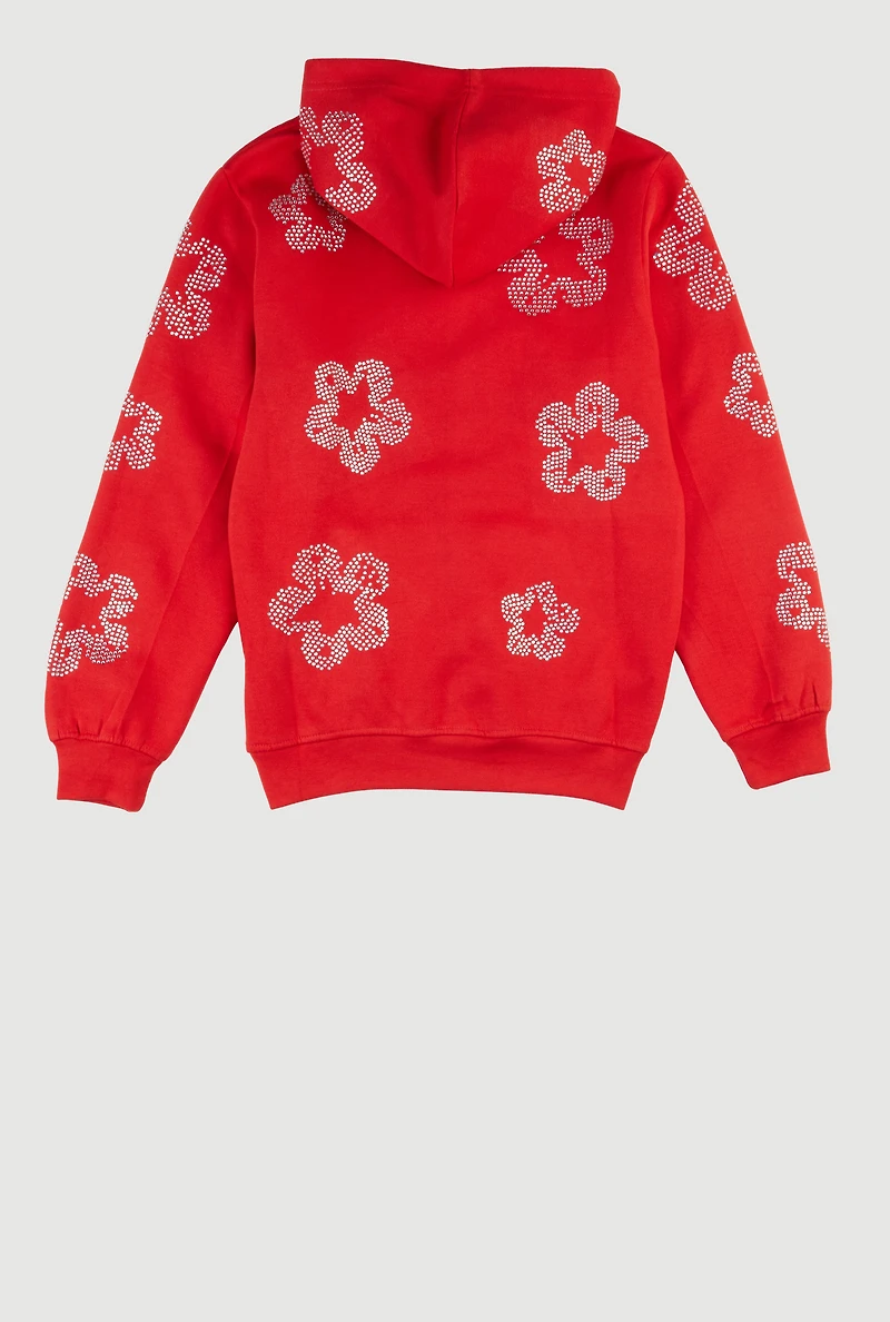 Boys Hooded Rhinestone Floral Sweatshirt, Red, Size 18-20
