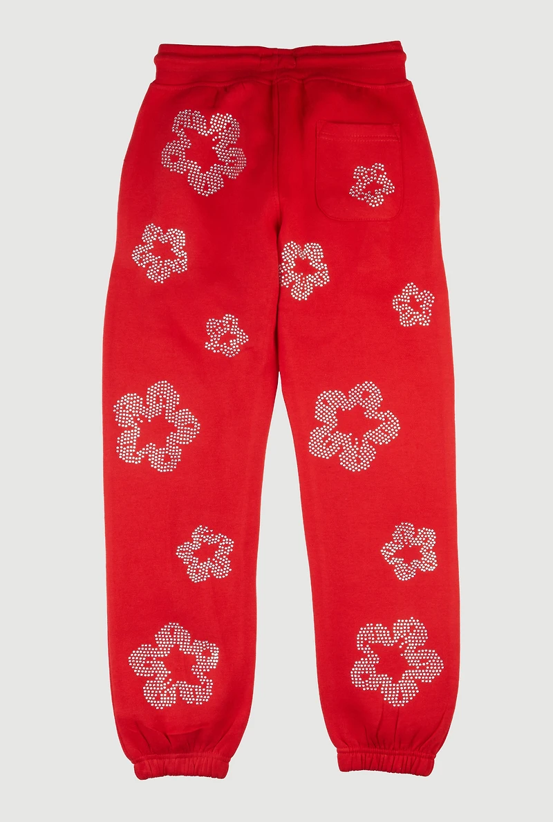 Boys Rhinestone Floral Joggers, Red, Size 8