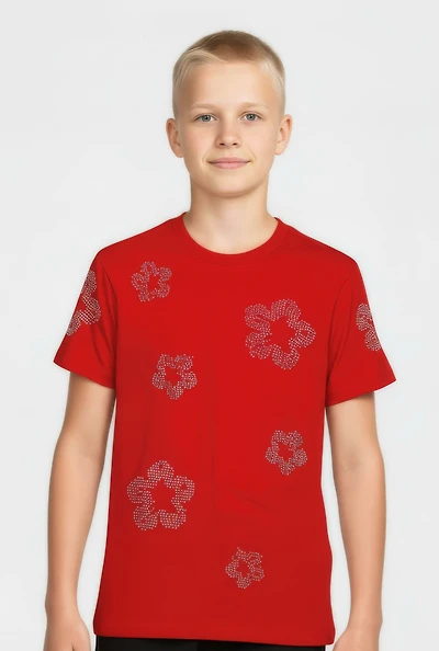 Boys Flower Rhinestone Crew Neck Short Sleeve Tee