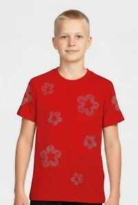 Boys Flower Rhinestone Crew Neck Short Sleeve Tee