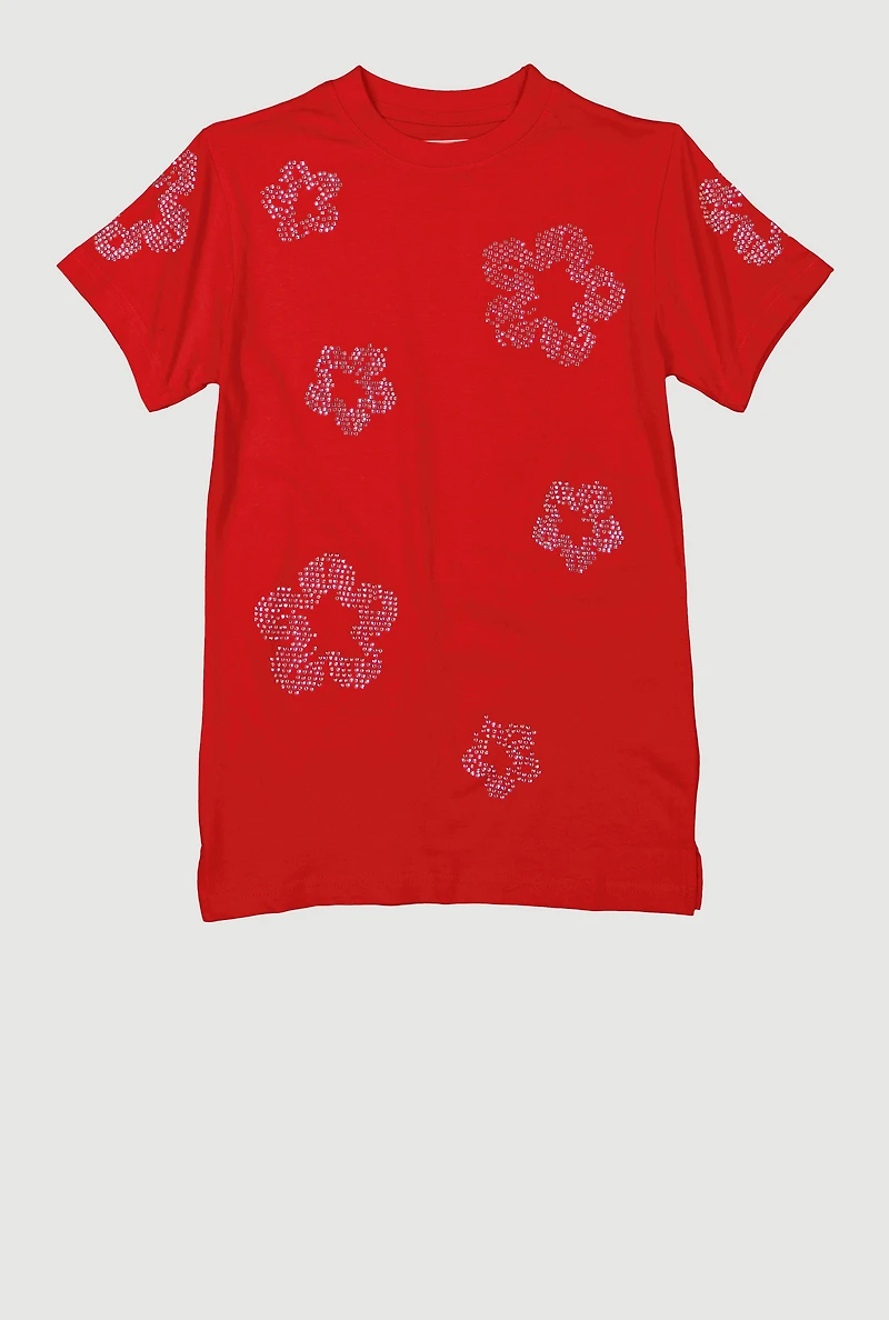 Boys Flower Rhinestone Crew Neck Short Sleeve Tee, Red, Size M