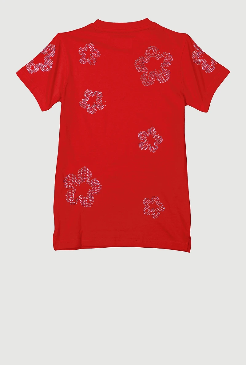 Boys Flower Rhinestone Crew Neck Short Sleeve Tee, Red, Size M