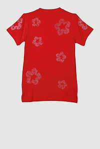 Boys Flower Rhinestone Crew Neck Short Sleeve Tee, Red, Size M