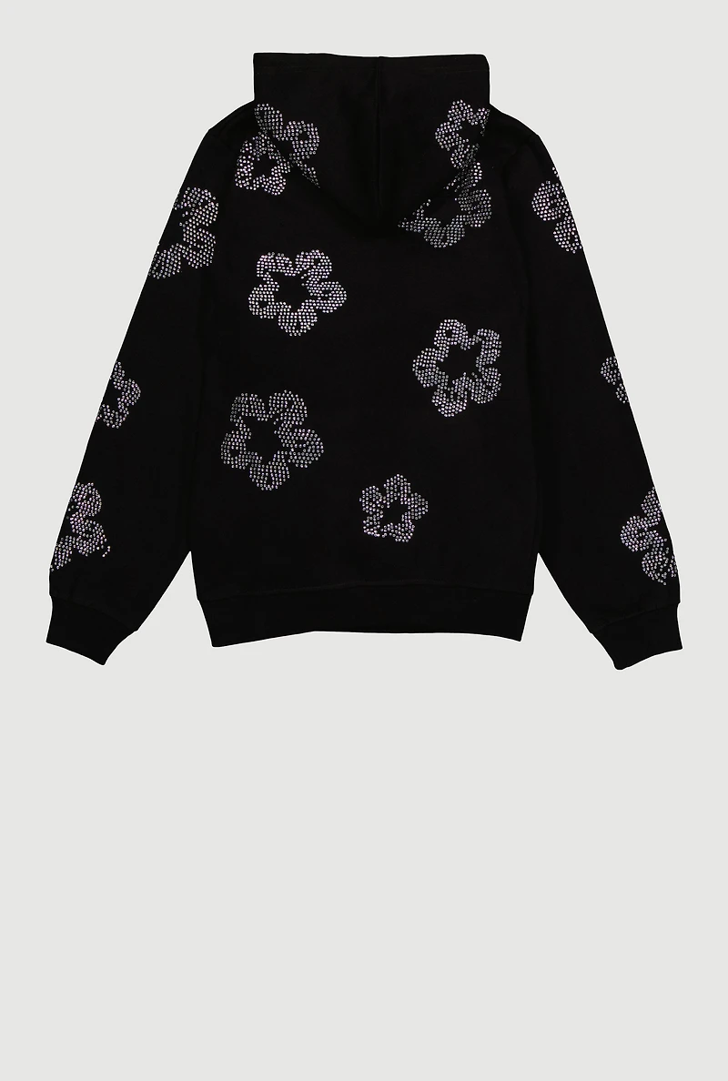 Boys Rhinestone Floral Graphic Hooded Sweatshirt
