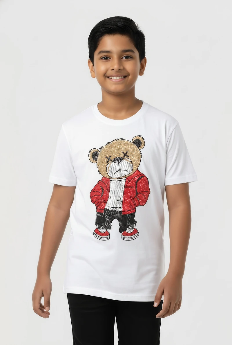 Boys Rhinestone Bear Graphic Short Sleeve Tee